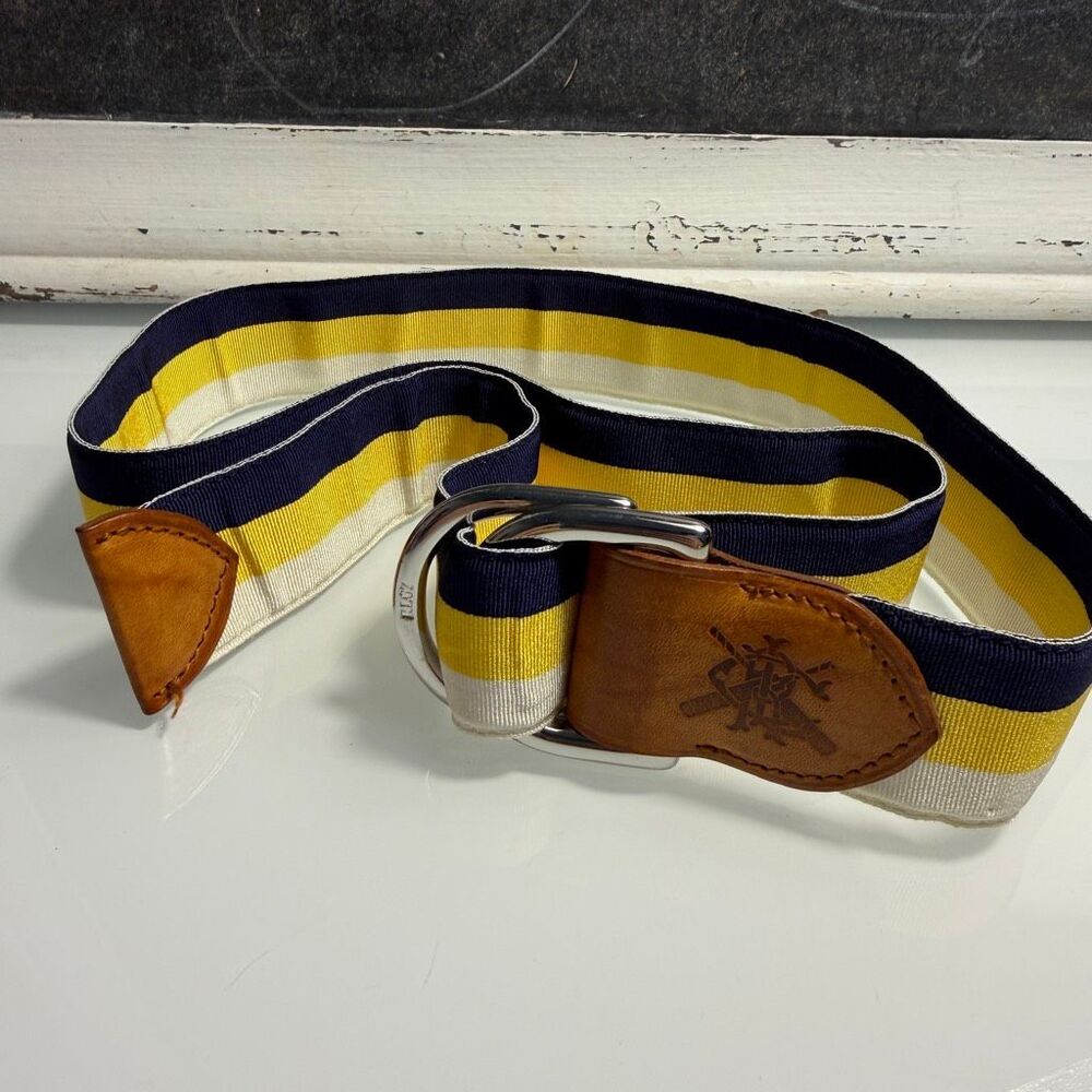 Ralph Lauren Made in England Striped Ribbon Leather Belt Navy Yellow Cream S